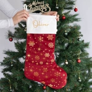 Personalised Burgundy And Gold Christmas Sock With White Cuff. Oliver