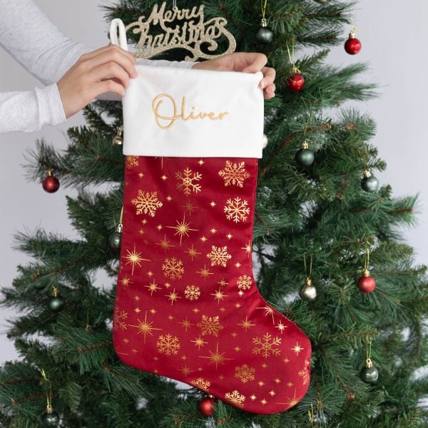 Personalised Burgundy And Gold Christmas Sock With White Cuff. Oliver Personalised Burgundy And Gold Christmas Sock With White Cuff. Oliver