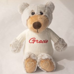 Christmas Teddy & Jumper with name Gracie embroided in red on the jumper