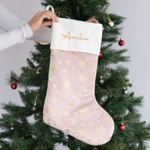Personalised Light Pink And Gold Christmas Sock With White Cuff. Amelia