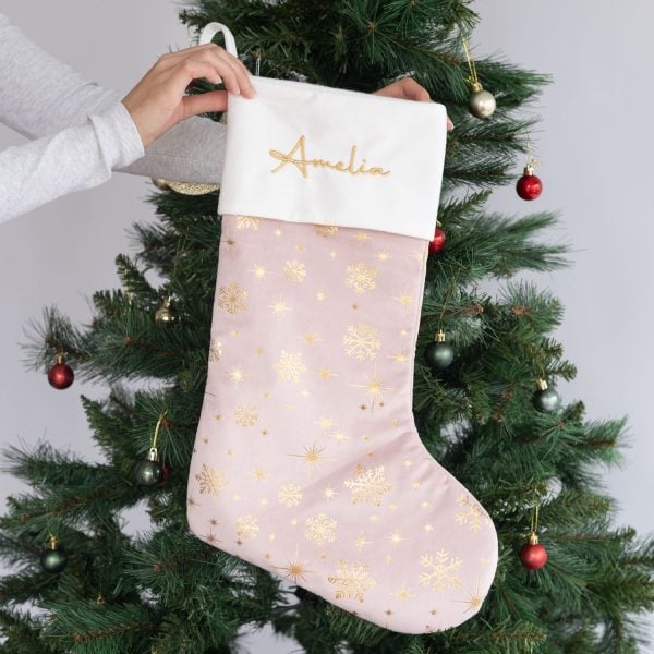 Personalised Light Pink And Gold Christmas Sock With White Cuff. Amelia Personalised Light Pink And Gold Christmas Sock With White Cuff. Amelia