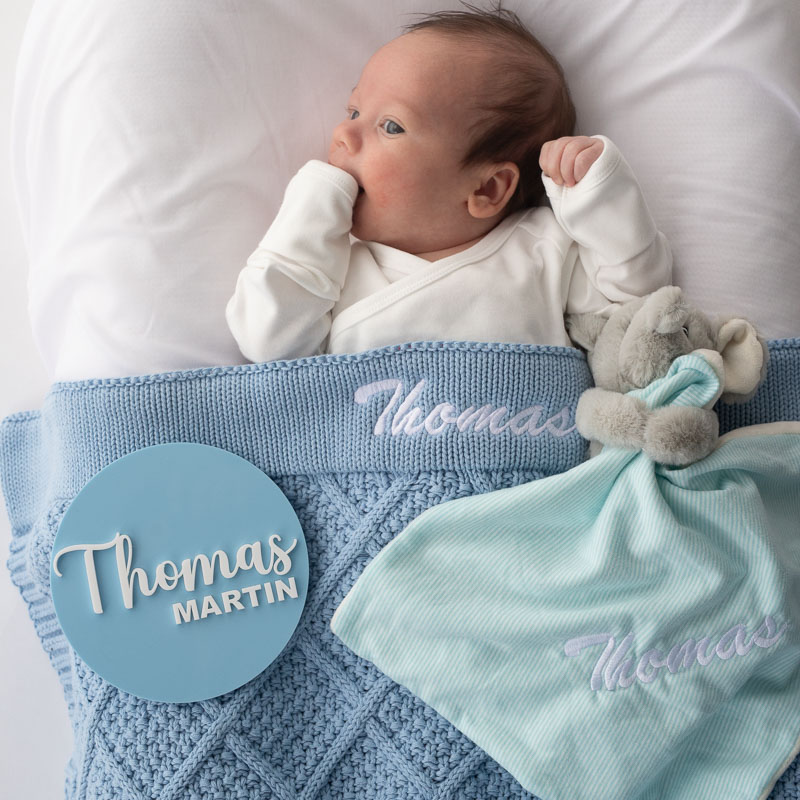 Blue Diamond Knit With Elephant Comforter And Personalised Disc