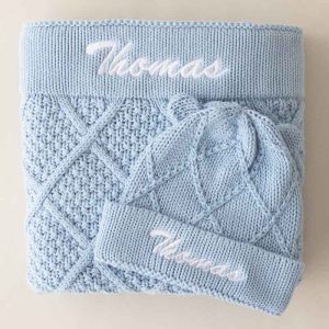 Personalised Blue Diamond Blanket & Beanie Gift