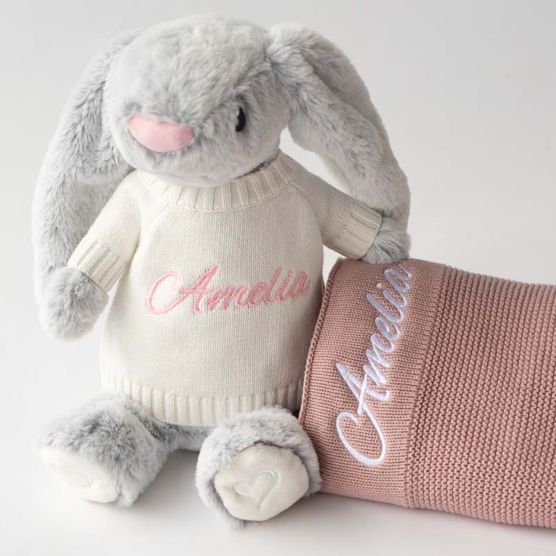 Grey bunny with personalised jumper and blush pink blanket.