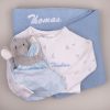 Blue Blanket Elephant Comforter Nautical Baby Onesie Nautical-print baby onesie, blue striped elephant comforter, and blue knitted blanket, all personalised with the name βThomas.β