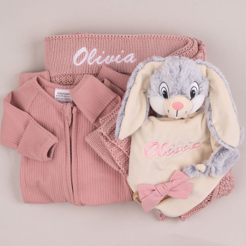 Blush Pink Diamond Blanket, Grey Bunny & Onesie Baby Gift Personalized baby gift set with pink onesie, blanket, and plush bunny embroidered with name Olivia.