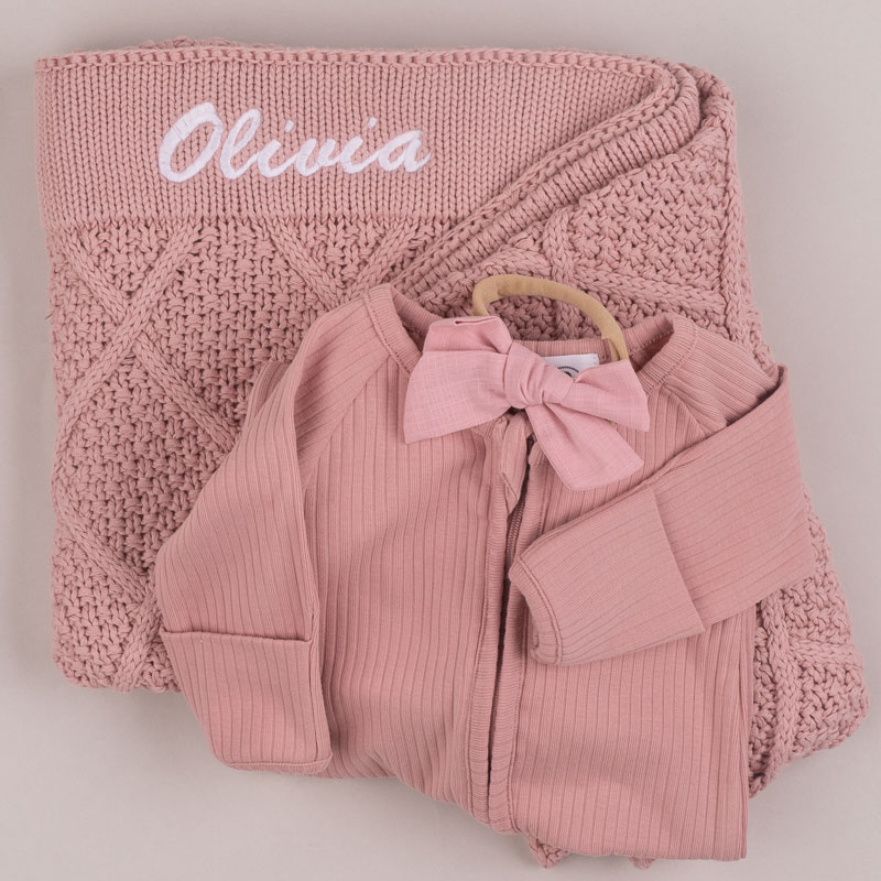 Blush Pink Diamond Blanket & Onesie Baby Gift Personalised baby gift set with blush pink blanket, ribbed onesie, and matching headband embroidered with name Olivia.