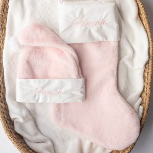 Personalised pink Christmas hat and stocking set with name embroidery from One Little Day.