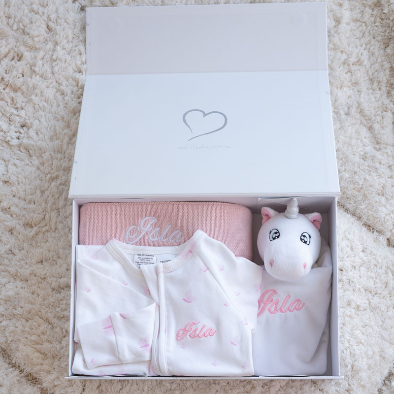 Gift Box Pink Isla Blanket Unicorn Comforter Butterflies Onesie Gift Box Pink Isla Blanket Unicorn Comforter Butterflies Onesie