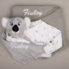 Green Sage Baby Blanket Koala Comforter Koala Onesie Koala-print baby onesie, grey koala comforter, and sage knitted blanket, all personalised with the name βFinley.
