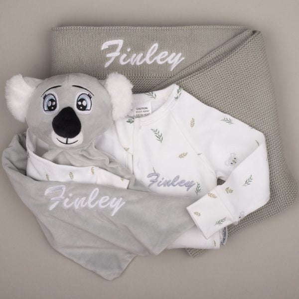 Green Sage Baby Blanket Koala Comforter Koala Onesie Koala-print baby onesie, grey koala comforter, and sage knitted blanket, all personalised with the name βFinley.
