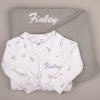 Green Sage Blanket Koala Onesie Finley White koala-print baby onesie with name βFinley,β displayed on a sage green knitted blanket with matching embroidery.