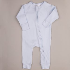 Blue baby onesie with front zipper and white embroidered name ‘Charlie.’