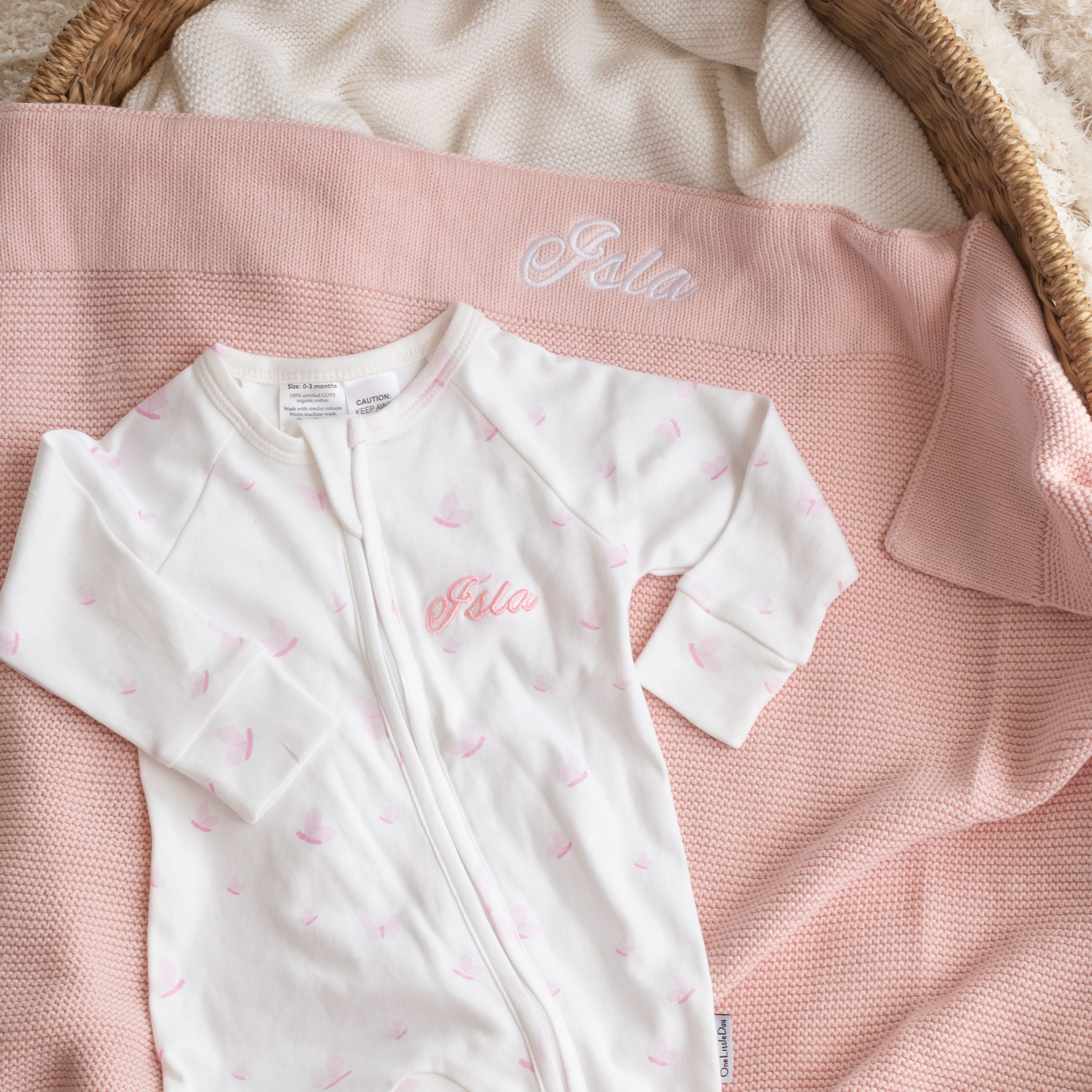 Pink Baby Knitted Blanket Butterflies Onesie Isla Pink Baby Knitted Blanket Butterflies Onesie Isla