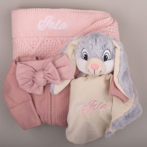 Personalised pink baby gift set with diamond knit blanket, grey bunny comforter, ribbed onesie.