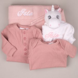 Pink Knitted Blanket, Unicorn & Rompers Baby Gift.