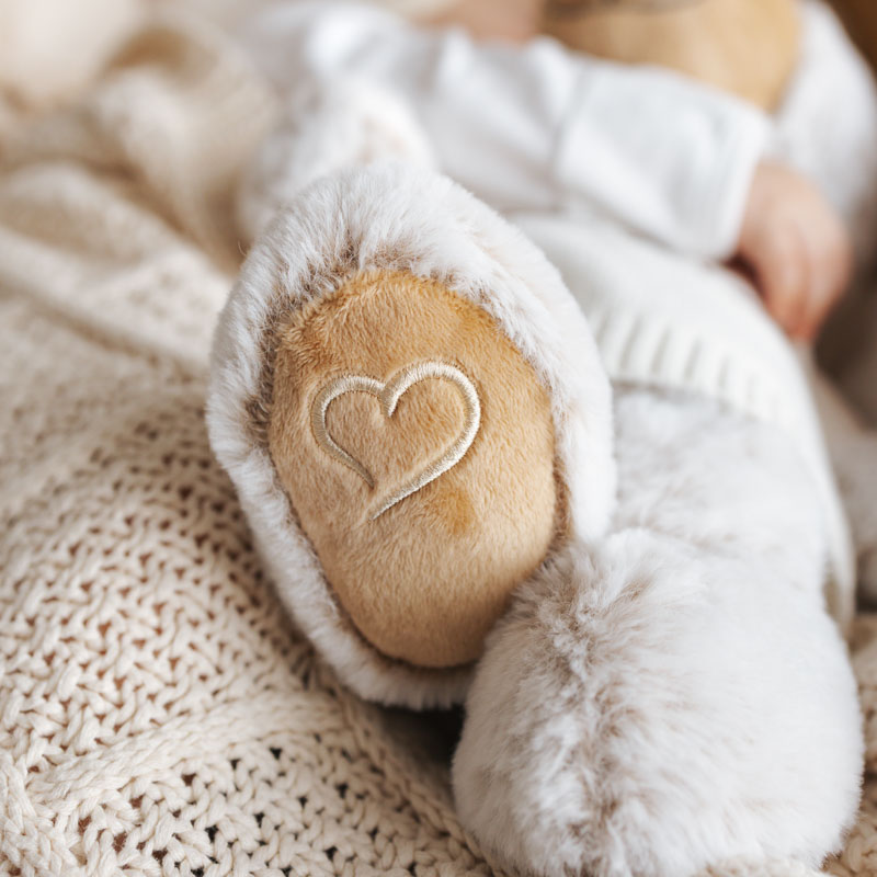 Close-up of teddy bear paw with embroidered heart.