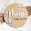 Boat And Stars 3d Birth Announcement Disc Wooden birth announcement disc with boat and star details.