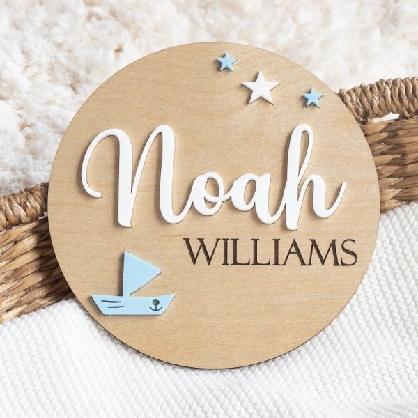 Boat And Stars 3d Birth Announcement Disc Wooden birth announcement disc with boat and star details.