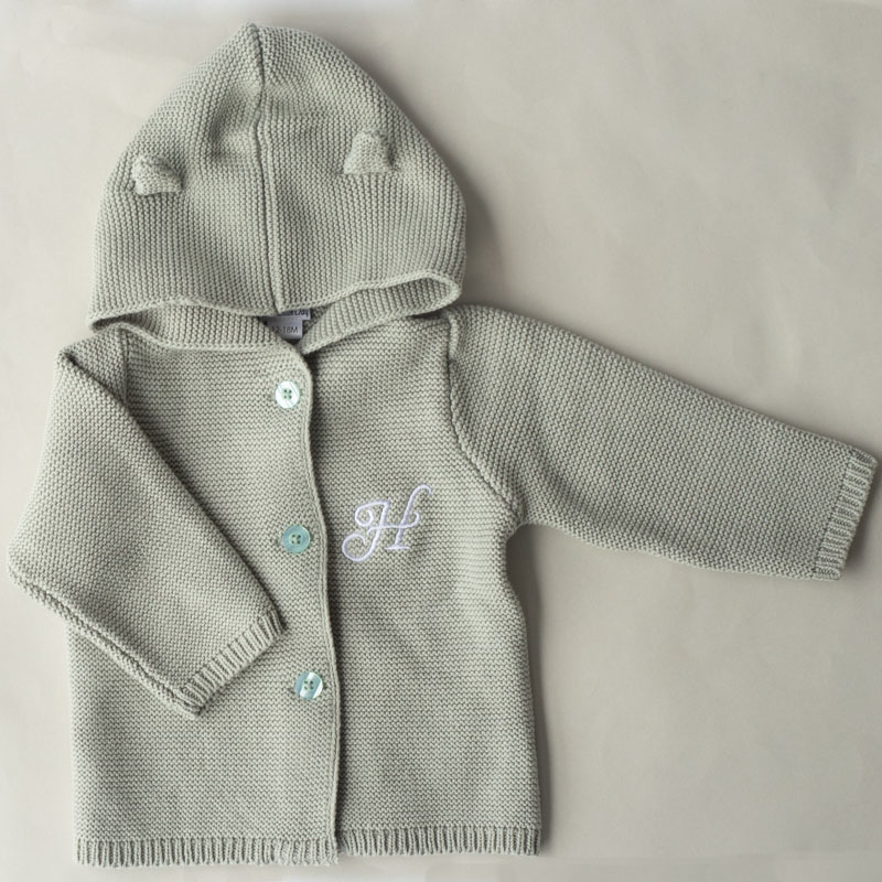 Green Sage Hooded Knitted Baby Cardigan.