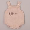 Beige Knitted Baby Boy Romper With Name Oliver Beige knitted baby romper embroidered βOliverβ in brown script.