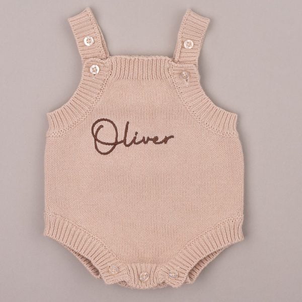 Beige Knitted Baby Boy Romper With Name Oliver Beige knitted baby romper embroidered βOliverβ in brown script.