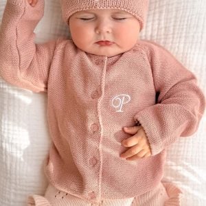Blush Pink Knitted Baby Cardigan emboridered with initial on left side.