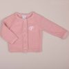 Blush Pink Knitted Cardigan White Initial P Blush pink knitted baby cardigan with buttons and white embroidered letter “P” on chest.