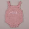 Blush Pink Baby Girl Romper With Name Matilda Blush pink knitted baby romper embroidered with the name βMatildaβ in white script.