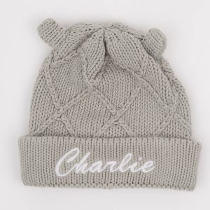 Green Sage knitted baby beanie with bear ears & embroidered name Charlie on folded ribbed cuff.
