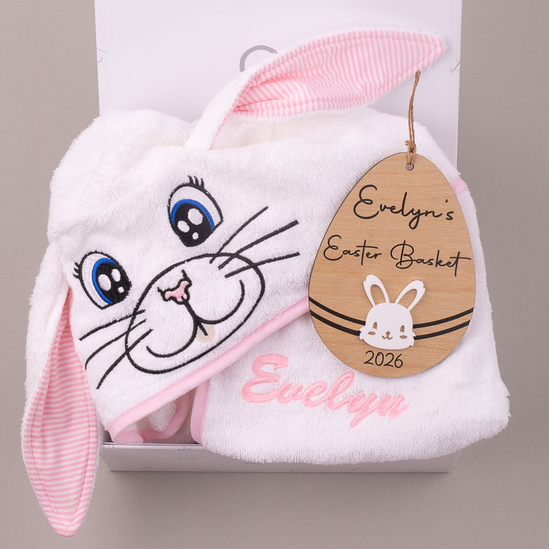 Personalised bunny hooded robe with Easter basket name disc in gift box.