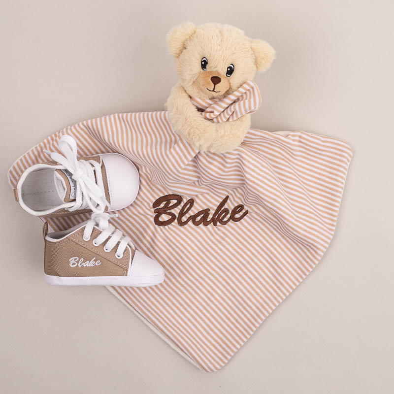 Personalised bear comforter and sand baby shoes with embroidered name.
