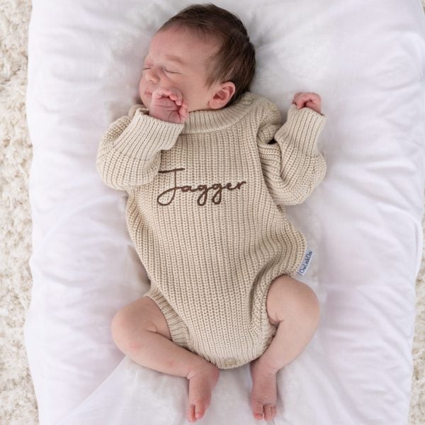 Pesonalised Beige Knitted Long Sleeve Baby Boy Romper. Jagger Pesonalised Beige Knitted Long Sleeve Baby Boy Romper. Jagger
