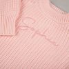 Pink Frill Long Sleeve Baby Romper Close Up Sophie Close-up of personalised pink knit baby romper with tone on tone name embroidery on chest