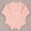 Pink Frill Long Sleeve Baby Romper Sophie Personalised pink long sleeve knit baby romper with tone on tone name embroidery on chest and ruffle hem