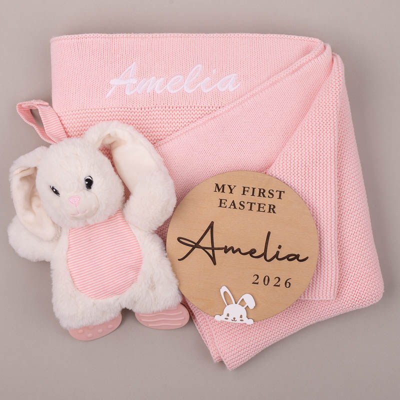 Pink Knitted Blanket, Disc And Bunny Teether Personalised Pink Knitted Blanket, Disc & Bunny Teether.