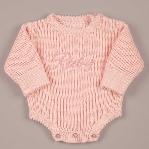 Pink Scallop Long Sleeve Baby Romper Ruby Personalised pink long sleeve knit baby romper with tone on tone name embroidery on chest and scallop edge hem