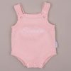 Pink Baby Girl Knitted Romper Scalloped Edge With Name Sienna Pink knitted baby romper with scalloped edge embroidered βSiennaβ in white script.