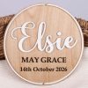 3d Birth Announcement Names & Dob Disc Elsie Personalised round wooden nursery plaque with Willow in white and Harper Grace engraved with pink heart and birth detail fields