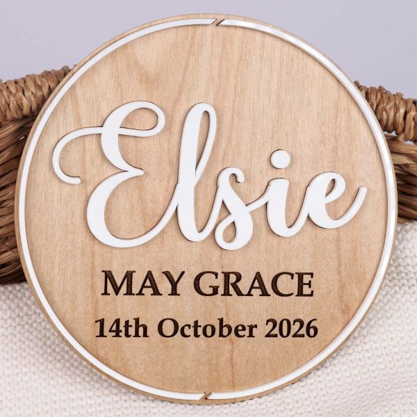 3d Birth Announcement Names & Dob Disc Elsie Personalised round wooden nursery plaque with Willow in white and Harper Grace engraved with pink heart and birth detail fields