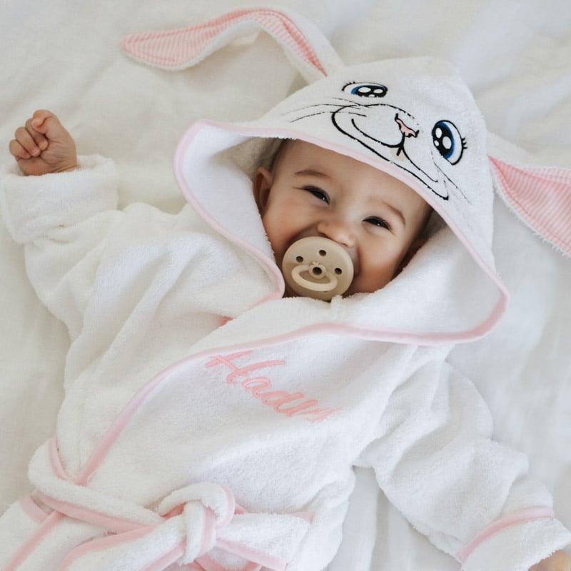 A Personalised Bunny Bathrobe On Baby Hadley.