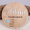 Creative Bordered Boy Heart Disc Adam Personalised round wooden nursery plaque with Adam in white and Tyler Grace engraved with blue heart and birth detail fields