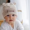 Baby Beige Diamond Beanie Personalised baby beanie in beige knit with embroidered name Gracie & cute bear ears