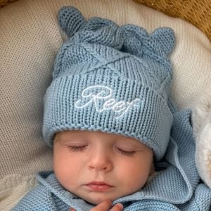 Blue Personalised Diamond Baby Beanie Sleeping Baby