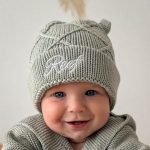 Green Sage Personalised Diamond Baby Beanie -Reef.
