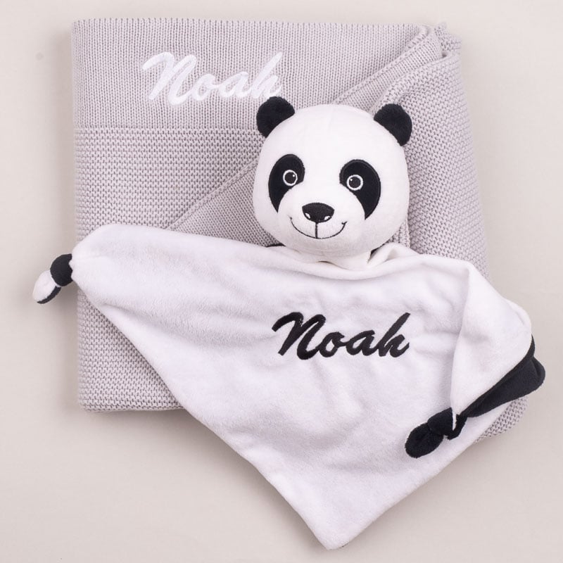 Personalised grey blanket and panda comforter embroidered with Noah.