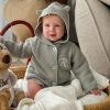 A Baby Wearing our Personalised Green Sage Hooded Cardgian.