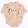Beige Long Sleeve Baby Romper Olive Brown Personalised beige chunky knit long sleeve baby romper with brown embroidered name and button shoulders