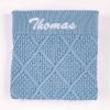 Blue Diamond Knitted Baby Blanket Thomas Personalised blue diamond knit baby blanket with white name embroidery on ribbed border