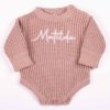 Blush Pink Long Sleeve Baby Romper Matilda White Personalised blush pink chunky knit long sleeve baby romper with white embroidered name and button shoulders